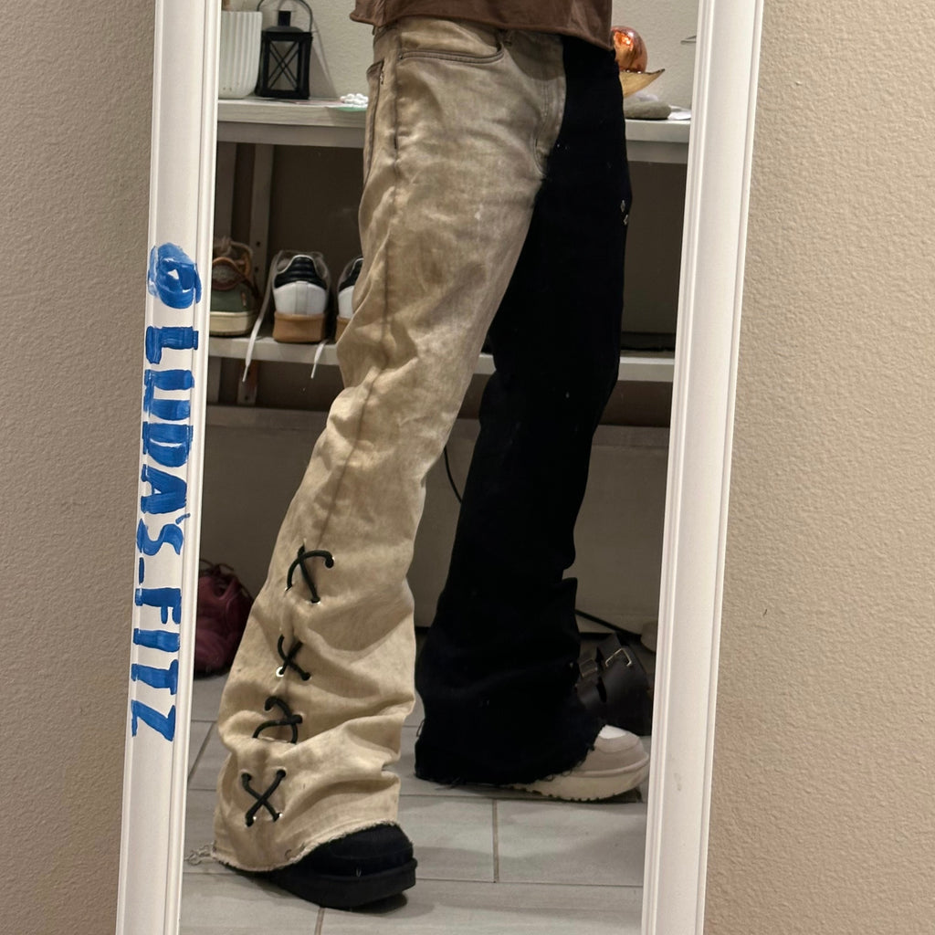 LACED UP YIN AND YANG STYLED FLARED JEANS