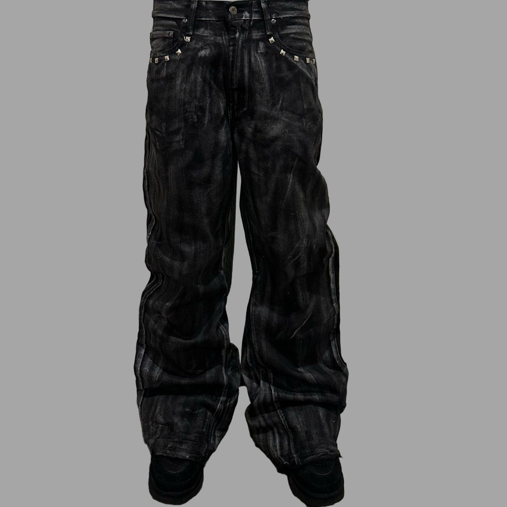 STUDDED WAXED FLARED JEANS