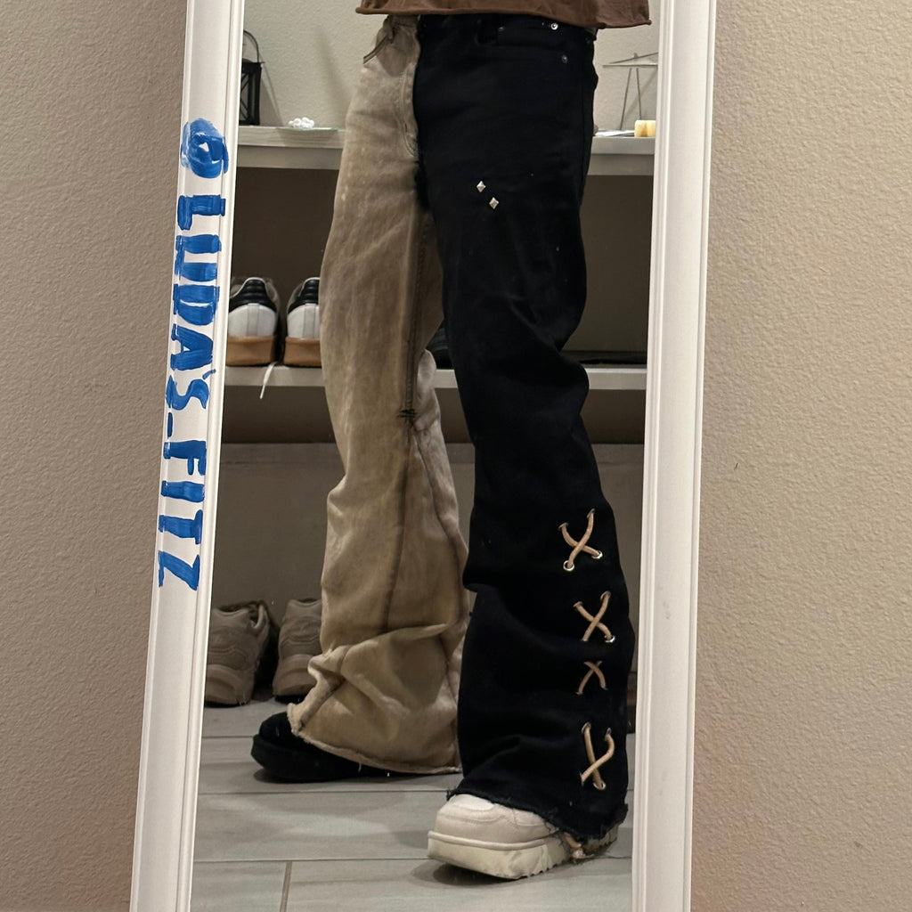 LACED UP YIN AND YANG STYLED FLARED JEANS